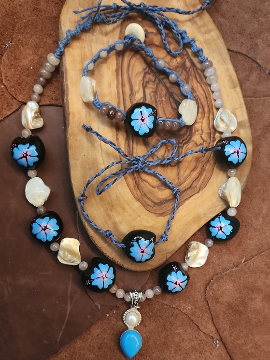 Handmade Jewelry - (Set Of 3) Handmade Blue Flower Pendant Necklace, Bracelet, Anklet Set.